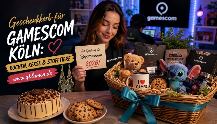 Geschenkkorb für Gamescom Köln: Kuchen, Kekse & Stofftiere